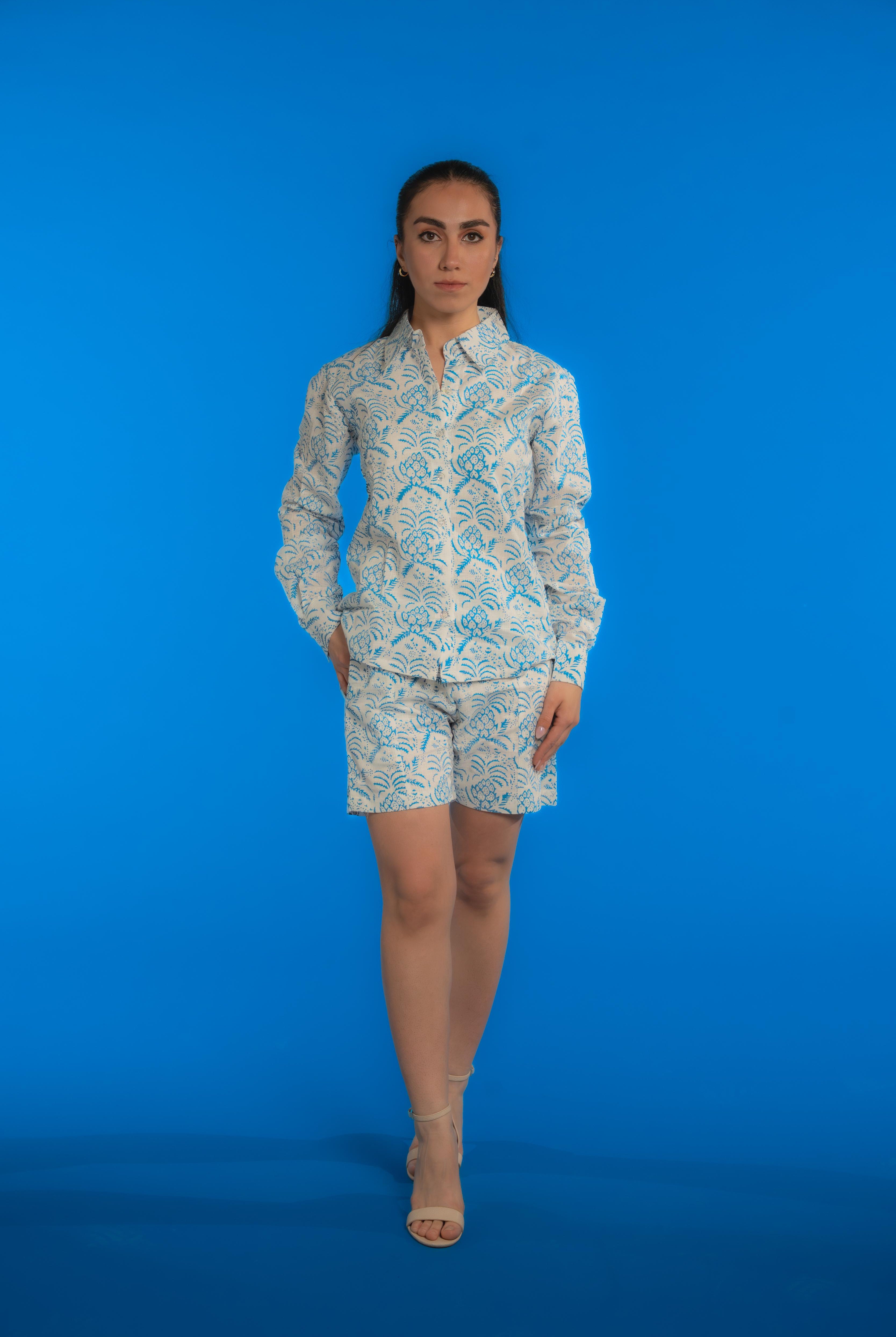 Organic cotton block-printed shorts with artisanal patterns, lightweight and breathable—designed for comfort and sustainable style.