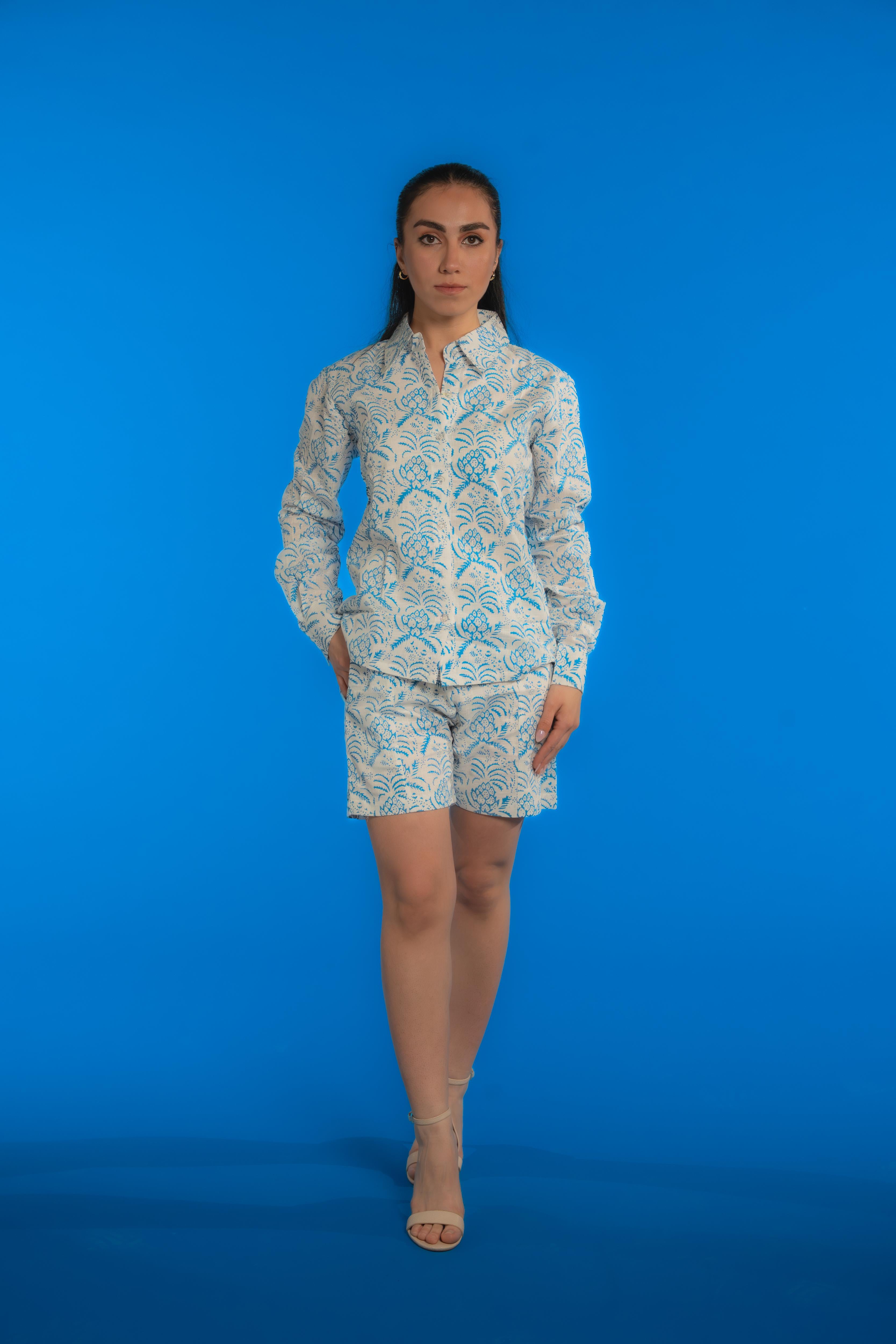 Organic cotton block-printed shorts with artisanal patterns, lightweight and breathable—designed for comfort and sustainable style.