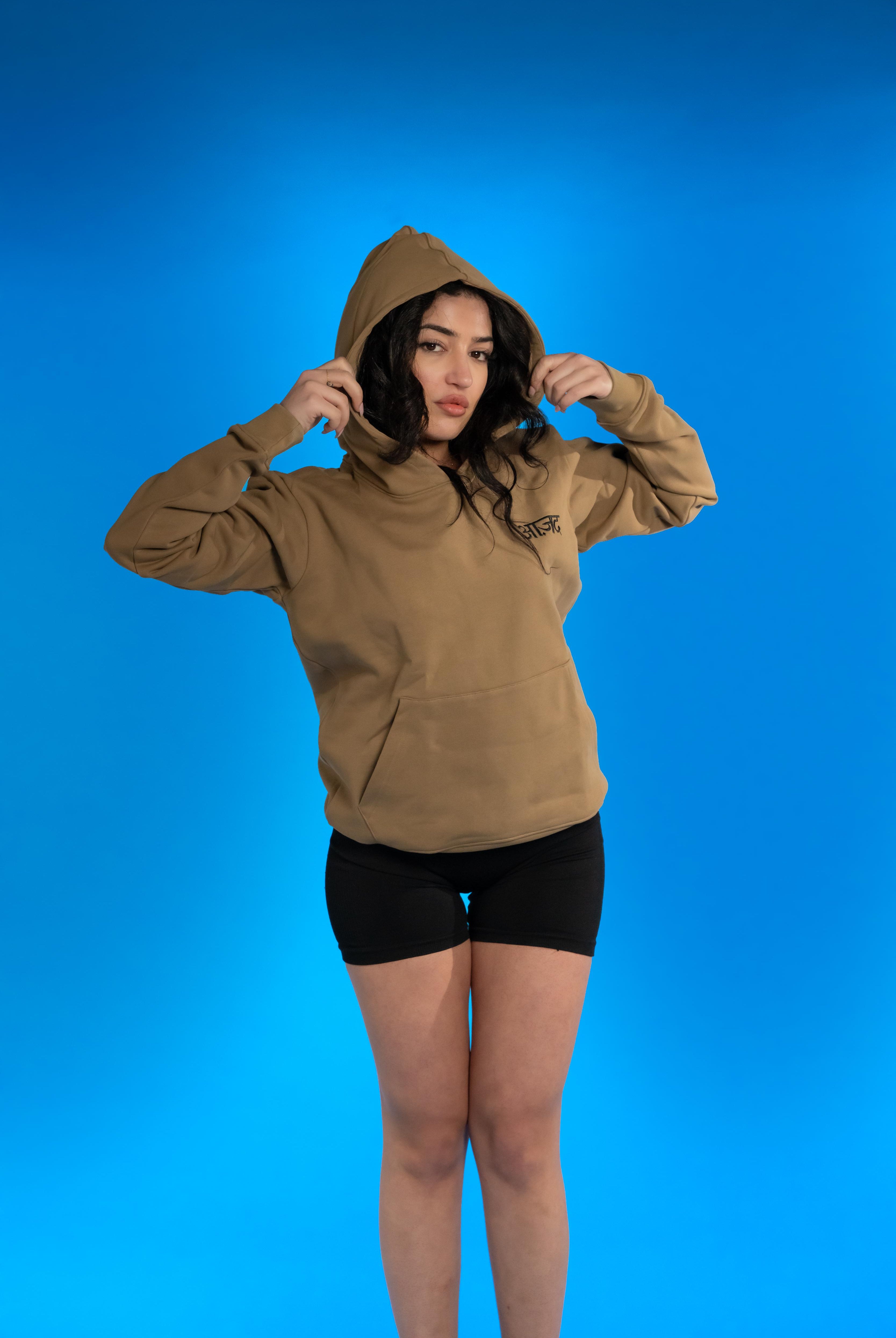 Premium 420 GSM jersey cotton hoodie with 'Aazad' embroidered in Hindi, offering a minimalist design, structured fit, and sustainable comfort.