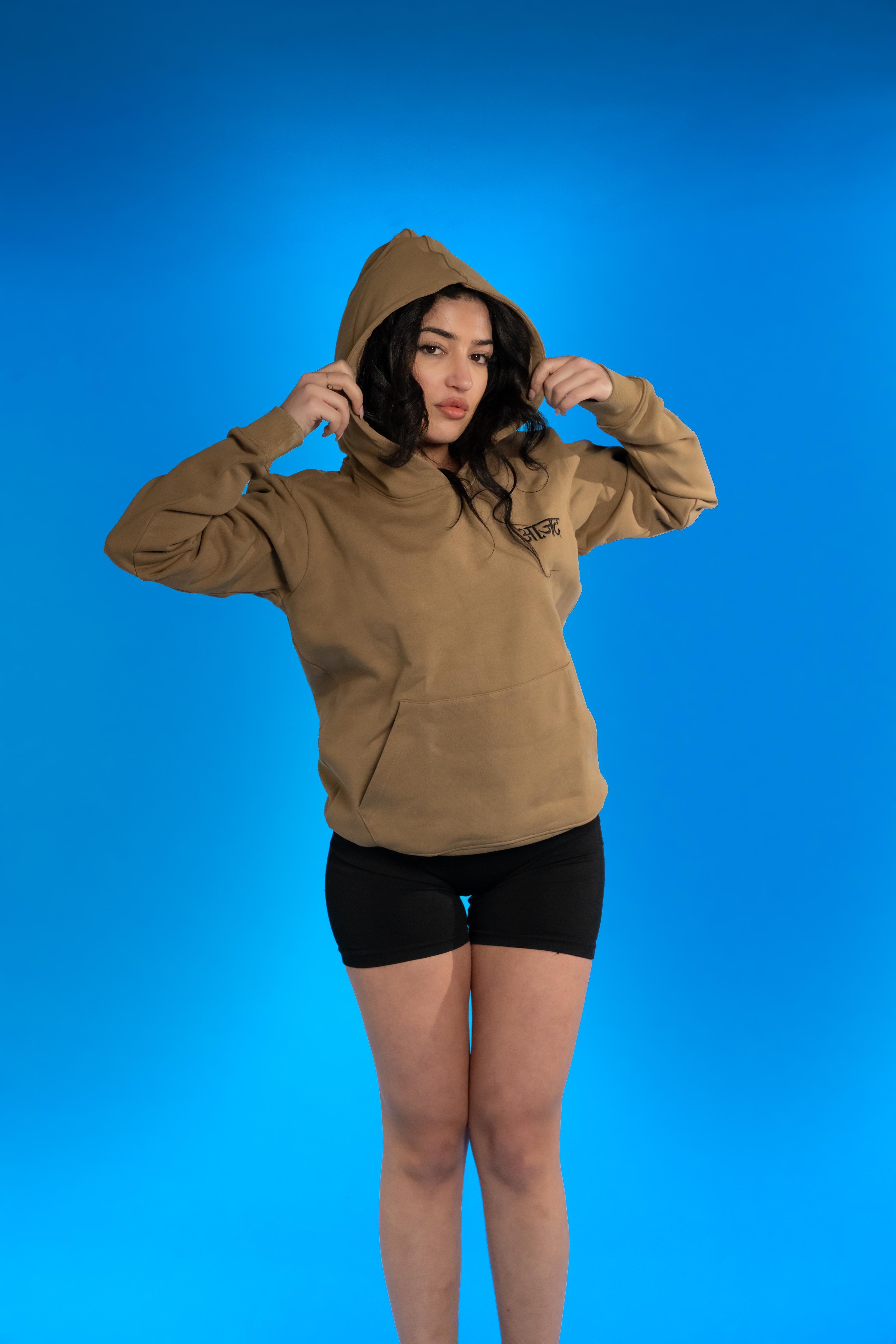 Premium 420 GSM jersey cotton hoodie with 'Aazad' embroidered in Hindi, offering a minimalist design, structured fit, and sustainable comfort.