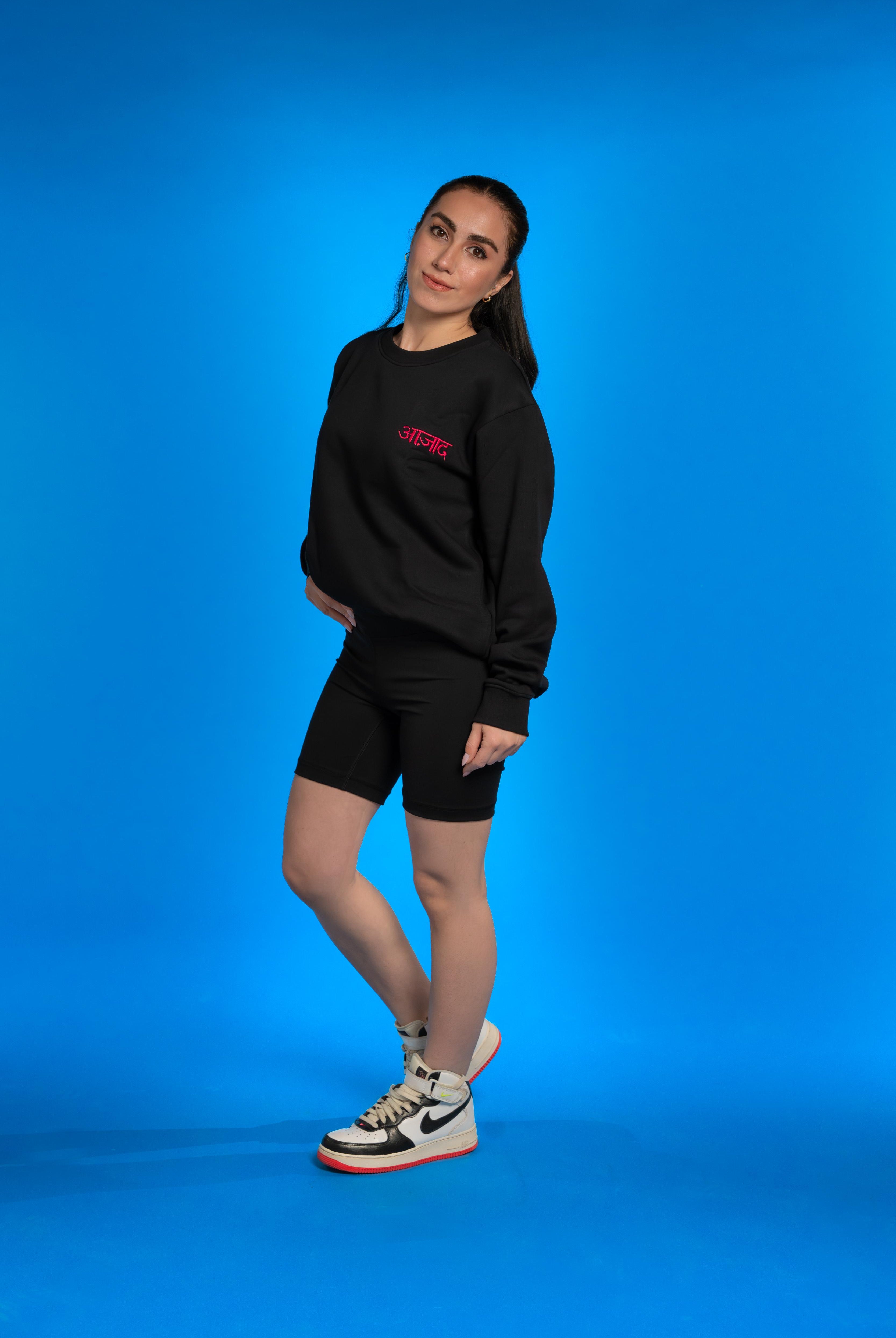 Premium 420 GSM jersey cotton sweatshirt with 'Aazad' embroidered in Hindi, offering a minimalist design, structured fit, and sustainable comfort.