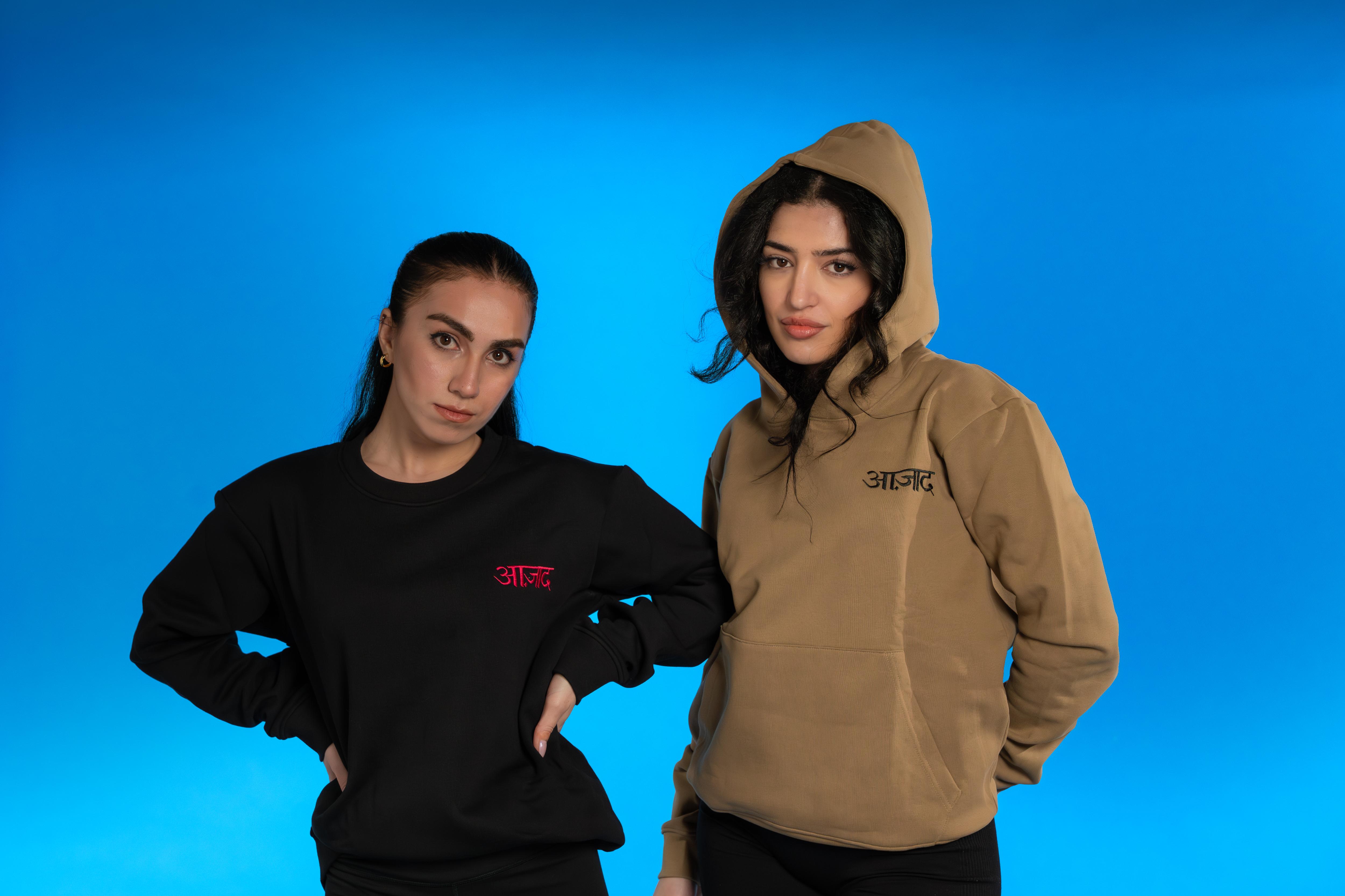 Premium 420 GSM jersey cotton hoodie with 'Aazad' embroidered in Hindi, offering a minimalist design, structured fit, and sustainable comfort.